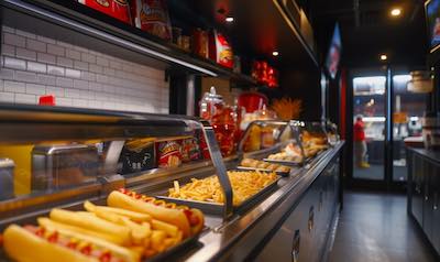 ein restaurant mit Durchlauftoaster bereitet Hot Dogs zu